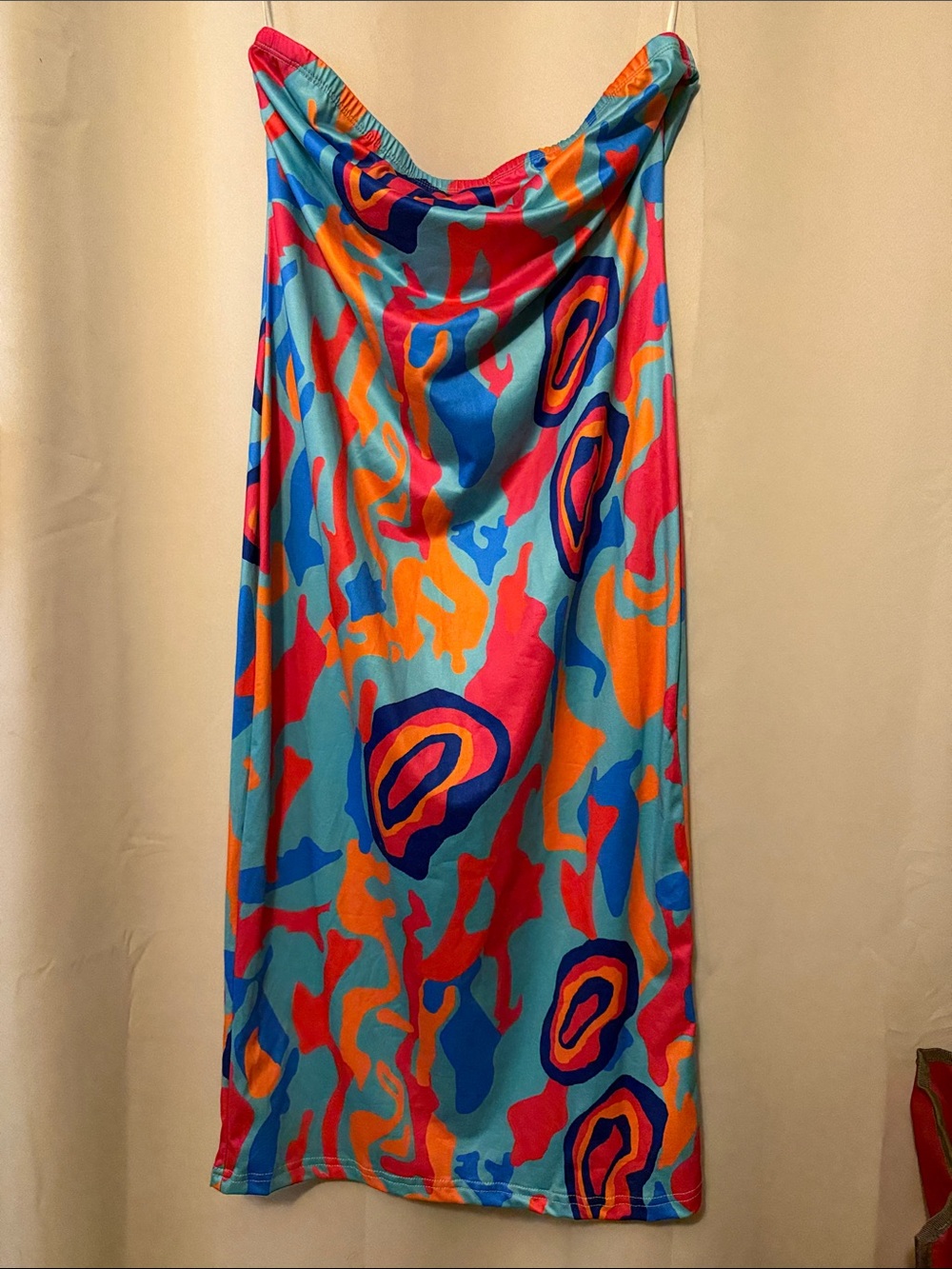 SHEIN Strapless Cowl Neck Midi Dress in Turquoise, Orange, Pink, Blue